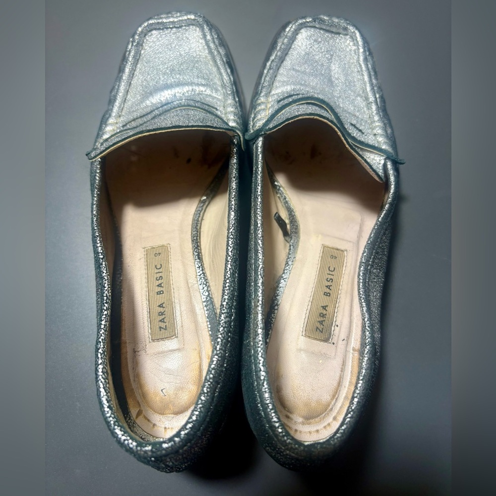 ZARA Shimmery Silver Leather Square Toe Loafers - Picture 7 of 9